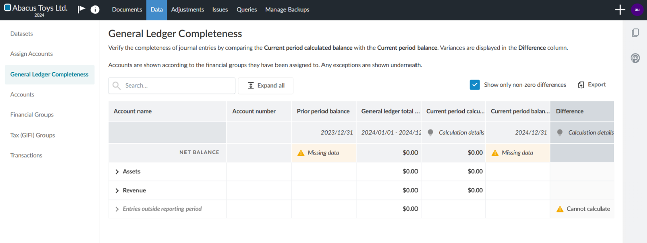 error messages inside the General Ledger completeness table columns denoting that data is missing illustrated by yellow triangles with exclamation marks in them.